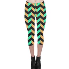 Neon And Black Modern Retro Chevron Patchwork Pattern Capri Leggings  by GardenOfOphir