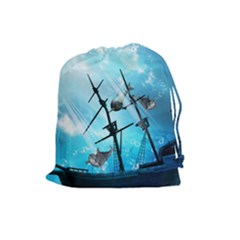 Awesome Ship Wreck With Dolphin And Light Effects Drawstring Pouches (large)  by FantasyWorld7