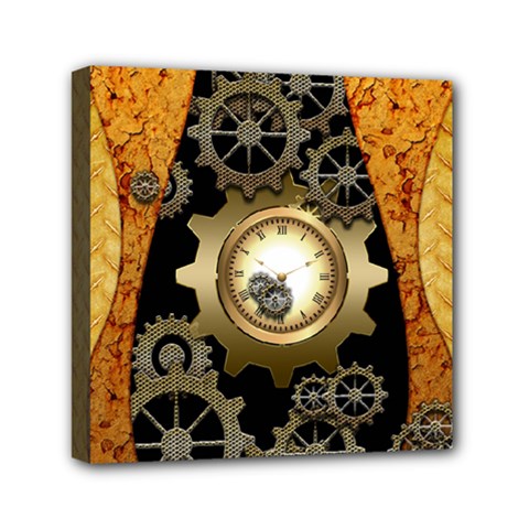 Steampunk Golden Design With Clocks And Gears Mini Canvas 6  X 6  by FantasyWorld7