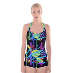 Colorful Abstract Art Boyleg Halter Swimsuit  by Valentinaart