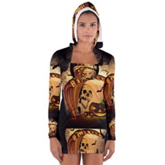 Halloween, Funny Pumpkin With Skull And Spider In The Night Women s Long Sleeve Hooded T-shirt by FantasyWorld7