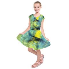 Light Blue Yellow Abstract Fractal Kids  Short Sleeve Dress by designworld65