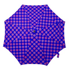 Bright Mod Pink Circles On Blue Hook Handle Umbrellas (small) by BrightVibesDesign