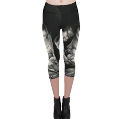 Nativity Scene Birth Of Jesus With Virgin Mary And Angels Black And White Litograph Capri Leggings  by yoursparklingshop