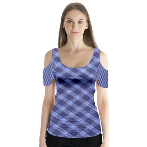 Blue And White Checkered Painting Design  Butterfly Sleeve Cutout Tee  by GabriellaDavid