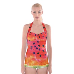 Abstract Watermelon Boyleg Halter Swimsuit  by DanaeStudio