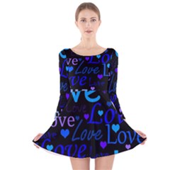 Blue Love Pattern Long Sleeve Velvet Skater Dress by Valentinaart