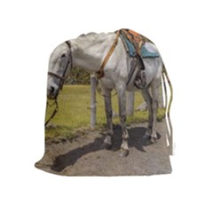 White Horse Tied Up At Cotopaxi National Park Ecuador Drawstring Pouches (extra Large) by dflcprints