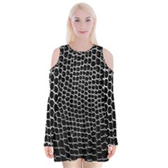 Black White Crocodile Background Velvet Long Sleeve Shoulder Cutout Dress by Simbadda