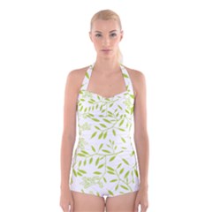 Leaves Pattern Seamless Boyleg Halter Swimsuit  by Simbadda