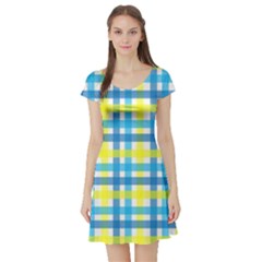 Gingham Plaid Yellow Aqua Blue Short Sleeve Skater Dress by Simbadda