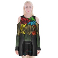 Flowers Painting Still Life Plant Velvet Long Sleeve Shoulder Cutout Dress by Simbadda