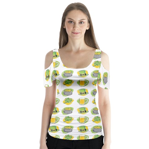 St Patrick s Day Background Symbols Butterfly Sleeve Cutout Tee  by Simbadda