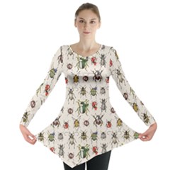 Gray Pattern With Watercolor Beetles Long Sleeve Tunic Top by CoolDesigns