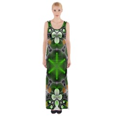Green Flower In Kaleidoscope Maxi Thigh Split Dress by Simbadda