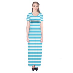 Horizontal Stripes Blue Short Sleeve Maxi Dress by Mariart