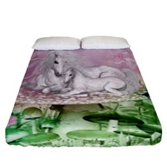 Wonderful Unicorn With Foal On A Mushroom Fitted Sheet (queen Size) by FantasyWorld7