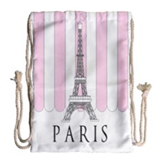 Pink Paris Eiffel Tower Stripes France Drawstring Bag (large) by Mariart