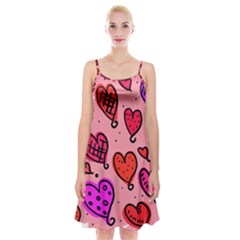 Valentine Wallpaper Whimsical Cartoon Pink Love Heart Wallpaper Design Spaghetti Strap Velvet Dress by Nexatart