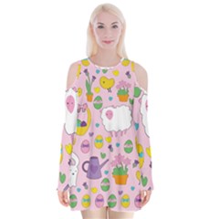 Cute Easter Pattern Velvet Long Sleeve Shoulder Cutout Dress by Valentinaart