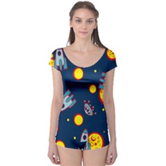 Rocket Ufo Moon Star Space Planet Blue Circle Boyleg Leotard  by Mariart