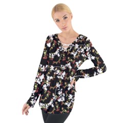 Dark Chinoiserie Floral Collage Pattern Women s Tie Up Tee by dflcprintsclothing