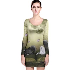 Wonderful Whte Unicorn With Black Horse Long Sleeve Velvet Bodycon Dress by FantasyWorld7