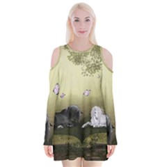 Wonderful Whte Unicorn With Black Horse Velvet Long Sleeve Shoulder Cutout Dress by FantasyWorld7