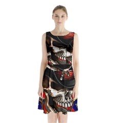 Confederate Flag Usa America United States Csa Civil War Rebel Dixie Military Poster Skull Sleeveless Waist Tie Chiffon Dress by BangZart