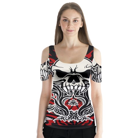 Skull Tribal Butterfly Sleeve Cutout Tee  by Valentinaart