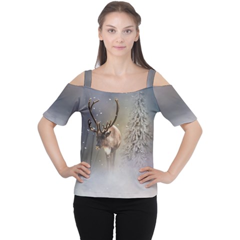 Santa Claus Reindeer In The Snow Cutout Shoulder Tee by gatterwe