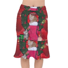 Christmas, Funny Kitten With Gifts Mermaid Skirt by FantasyWorld7