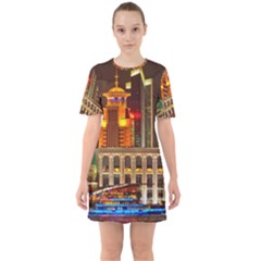 Shanghai Skyline Architecture Sixties Short Sleeve Mini Dress by BangZart