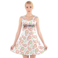 Flower Rose Red Green Sunflower Star V-neck Sleeveless Skater Dress by Mariart