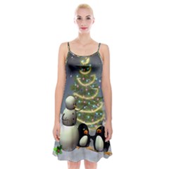 Funny Snowman With Penguin And Christmas Tree Spaghetti Strap Velvet Dress by FantasyWorld7