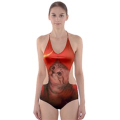 Cute Little Kitten, Red Background Cut-out One Piece Swimsuit by FantasyWorld7