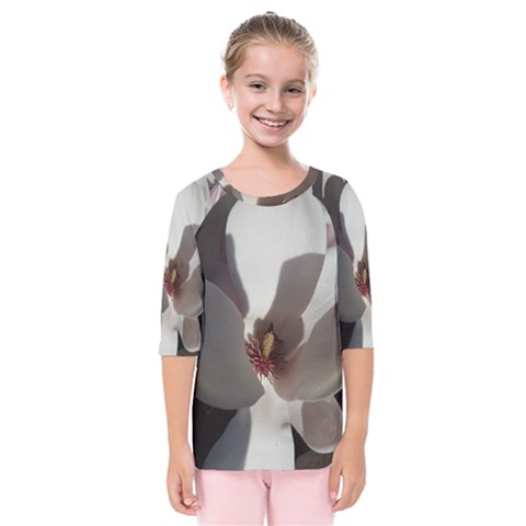 Magnolia Floral Flower Pink White Kids  Quarter Sleeve Raglan Tee by yoursparklingshop