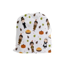 Pilgrims And Indians Pattern - Thanksgiving Drawstring Pouches (large)  by Valentinaart