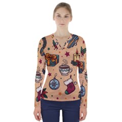 Cute Vintage Christmas Pattern V-neck Long Sleeve Top by allthingseveryone