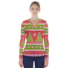 Christmas Tree Ugly Sweater Pattern V-neck Long Sleeve Top by allthingseveryone
