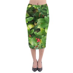 Christmas Season Floral Green Red Skimmia Flower Midi Pencil Skirt by yoursparklingshop