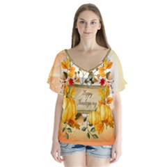 Happy Thanksgiving With Pumpkin V-neck Flutter Sleeve Top by FantasyWorld7