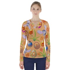 Easter Bunny And Egg Basket V-neck Long Sleeve Top by allthingseveryone