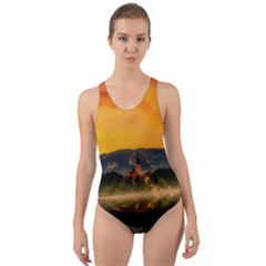 Bled Slovenia Sunrise Fog Mist Cut-out Back One Piece Swimsuit by BangZart
