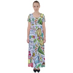 Doodle New Year Party Celebration High Waist Short Sleeve Maxi Dress by Celenk