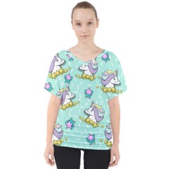 Magical Happy Unicorn And Stars V-neck Dolman Drape Top by Bigfootshirtshop