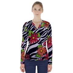 Floral Zebra Print V-neck Long Sleeve Top by dawnsiegler