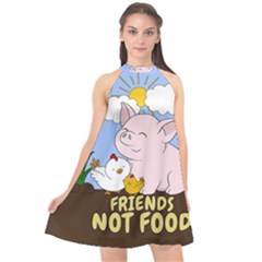 Friends Not Food - Cute Pig And Chicken Halter Neckline Chiffon Dress  by Valentinaart