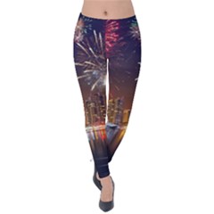Christmas Night In Dubai Holidays City Skyscrapers At Night The Sky Fireworks Uae Velvet Leggings by Sapixe
