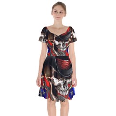 Confederate Flag Usa America United States Csa Civil War Rebel Dixie Military Poster Skull Short Sleeve Bardot Dress by Sapixe
